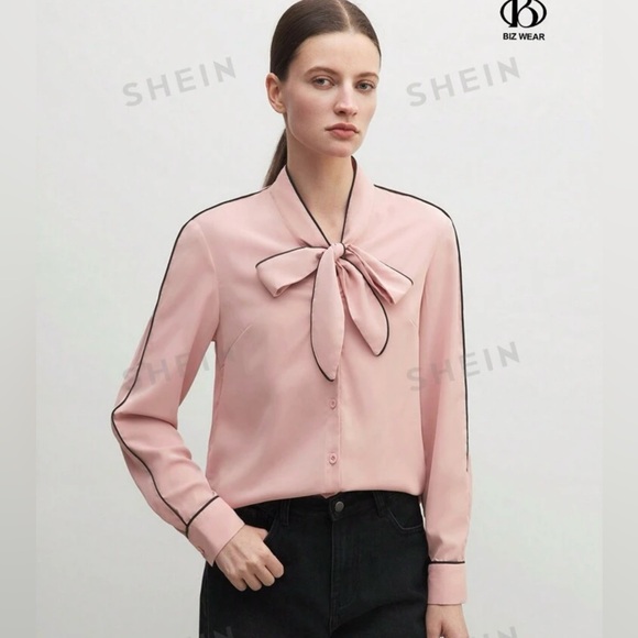 Women Contrast Trim Long Sleeve Tie Front Blouse. Size M(6) - Picture 1 of 7